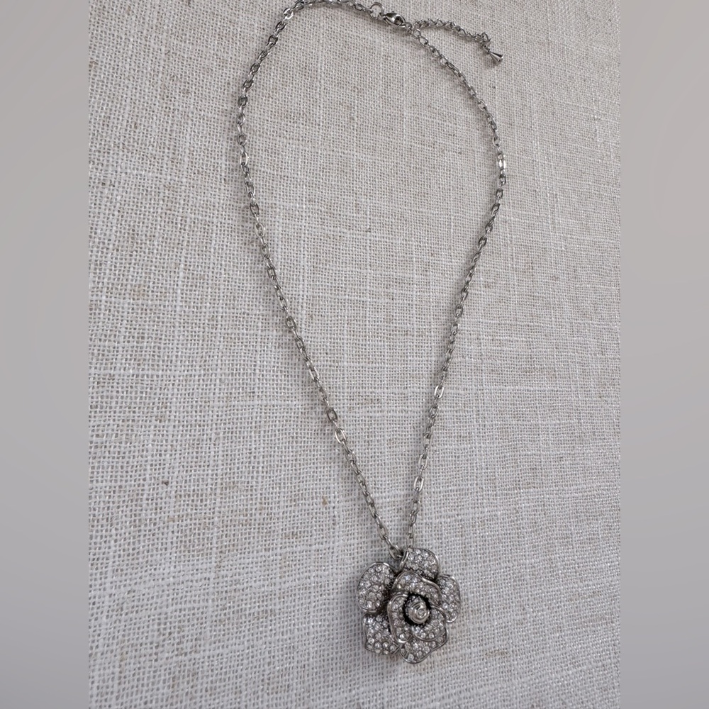 Silver Rose Pendant Necklace EUC Statement Necklace Floral Rhinestone